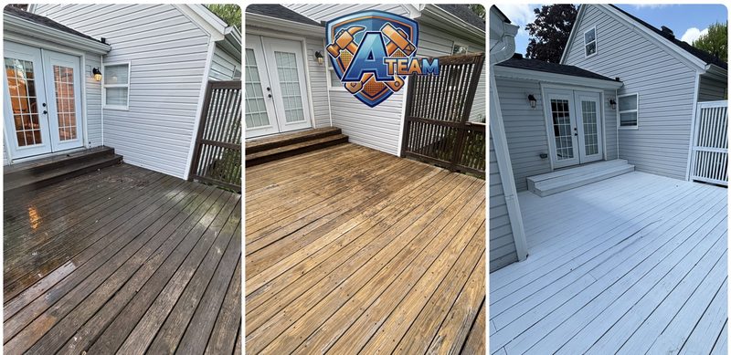 Wood deck cleaned, stripped, and painted β three-stage transformation
